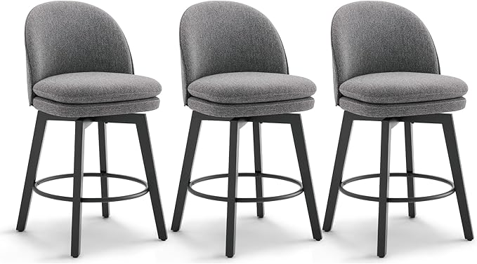 Counter Height Barstools 26 inch Upholstered Swivel Bar Stools with Back and Wood Legs for Kitchen Island,Set of 3,Dark Grey Fabric-Armless