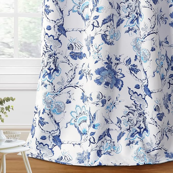 H.VERSAILTEX Blackout Curtains 63 Inch Length 2 Panels Set Floral Print Curtain Drapes for Living Room Thermal Insulated Grommet Window Curtains for Bedroom - Traditional Floral in Blue and White