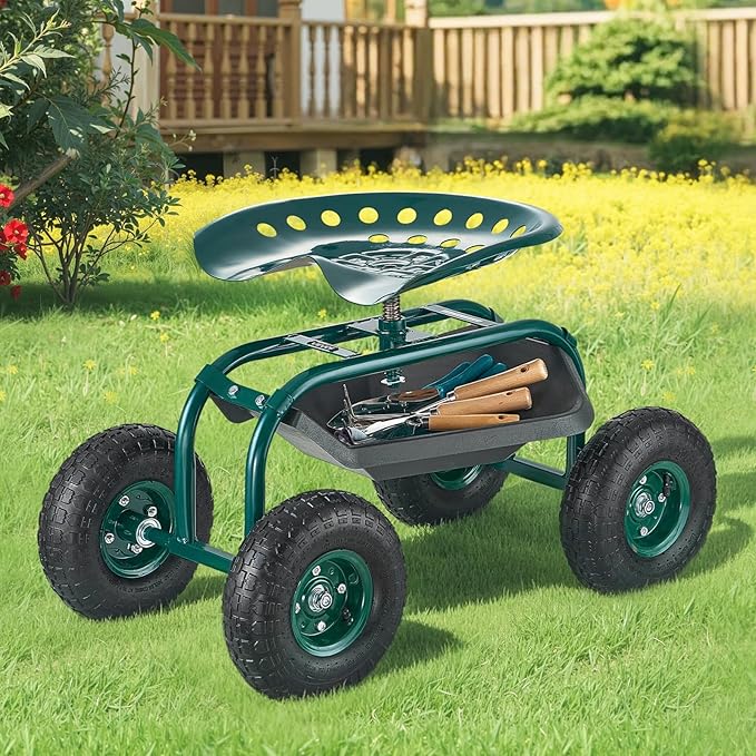 VEVOR Rolling Garden Cart with Swivel Seat, Heavy Duty Garden Seat with Storage Basket & Tool Tray, 300 lbs Weight Capacity, Outdoor Utility Gardening Stool Scooter for Lawn Yard Planting Weeding