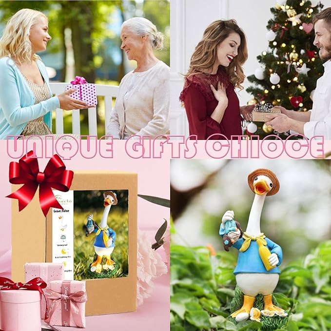 Garden Goose Statue Outdoor Decor, Funny Drunk Gnome Catched by Gardener Goose with Solar Bottle,Ideal Gifts for Women,Outdoor & Home Decor for Housewarming