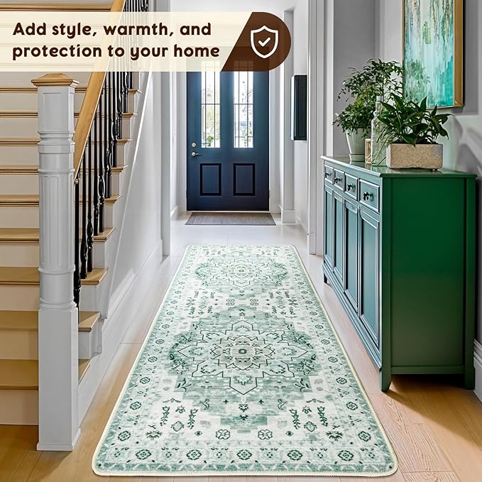 LBRO2M Boho Runner Rug 2X6 Hallway Rug Non Slip Washable Runners for Hallways, Bedroom, Kitchen Laundry Room Pet Friendly Area Rugs (2X6, Green)