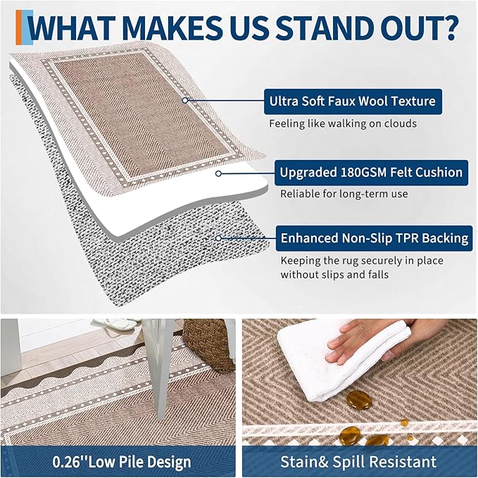 GarveeHome Washable Area Rugs 10x13 Modern Border Neutral Print Pattern Large Solid Rugs, Low Pile Non Slip Stain-Resistant Soft Carpet, Perfect for Living Room, Bedroom, Kids Room, Nursery, Red Brown