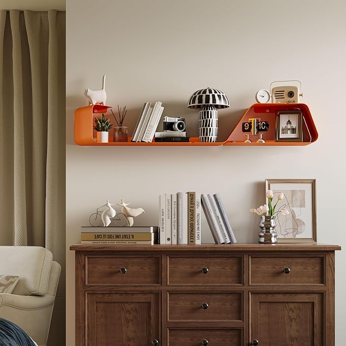 Floating Wall Shelves Set of 3, Metal Mounted Shelf with Unique Design, Bookshelf for Storage & Display in Bathroom, Bedroom, Kitchen, Living Room, Orange Home Decor