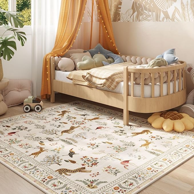 Rugcomf Living Room Rug 5x7 Rug Machine Washable Boho Area Rug Non Slip Floral Animal Vintage Low Pile Large Rugs for Living Room, Bedroom, Farmhouse, Dining Room, Kids Playroom (Beige)