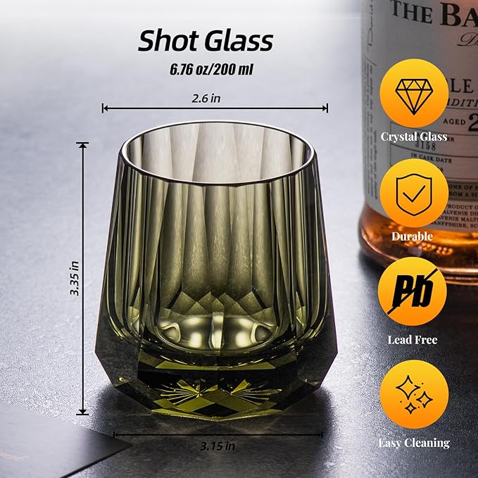 KAMMAK Crystal Whiskey Glasses Set of 2, Handcrafted 6.76oz Old Fashioned Glasses Stemless, Luxury Cocktail Glasses, Hand Blown Scotch Cup for Women, Men Gift for Rocks, Bourbon, Bar Barware