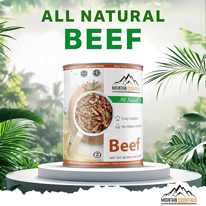 MOUNTAIN ESSENTIALS All Natural Canned Beef 28 Oz ??Fully Cooked, Ready to Eat, Gluten Free ??Canned Meat for Daily Use, Emergency, Survival & Camping ??5-Year Shelf Life ??Made in USA ??Pack of 1
