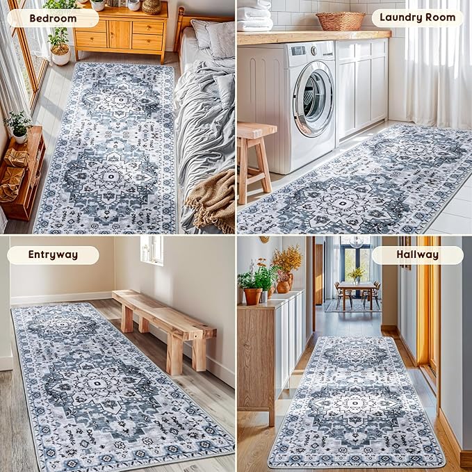 LBRO2M Boho Runner Rug 2X6 Hallway Rug Non Slip Washable Runners for Hallways, Bedroom, Kitchen Laundry Room Pet Friendly Area Rugs (2X6, Blue)