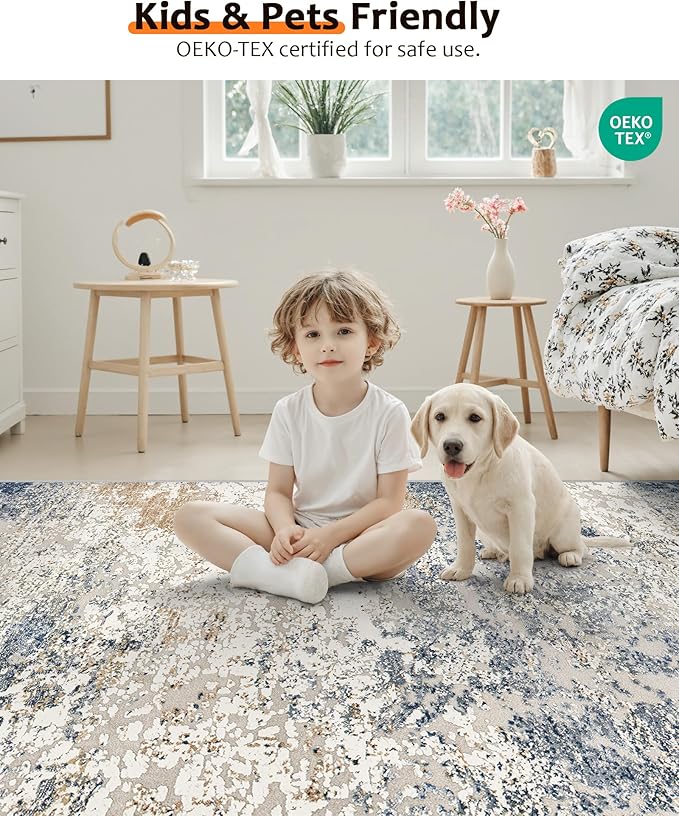 Art&Tuft Washable Rug, Anti-Slip Backing Abstract 4x6 Rug, Stain Resistant Rugs for Living Room, Foldable Machine Washable Area Rug (TPR18-Blue, 4'x6')