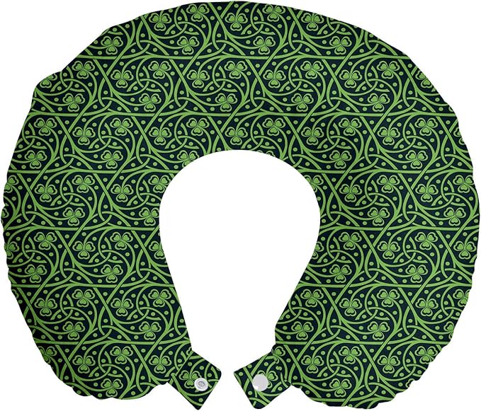 Ambesonne Irish Travel Pillow Neck Rest, National Foliage Pattern Intricate Twigs and Dots Trefoil Botanical Abstraction, Memory Foam Traveling Accessory for Airplane and Car, 12", Lime Green