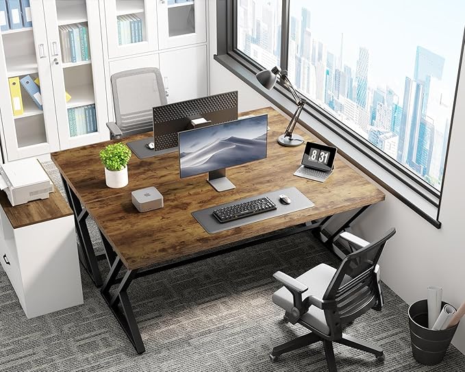 LVB Rustic Wood Computer Desk, Metal Home Executive Office Desk, Industrial Large Gaming Writing Desk, Wooden Student Study Computer Table for Bedroom Living Room, Rustic Brown, 60 Inch