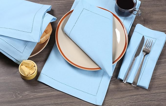 Bedding Craft Cloth Dinner Napkins Set of 12 – 18x18 Airy Blue Linen-Look Hemstitched – Soft Machine Washable Reusable Napkins for Weddings, Parties & Elegant Table Settings