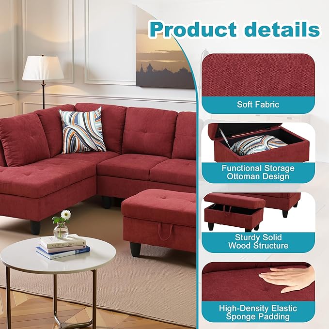 L Shaped Couch Modern Sectional Couch Upholstered Fluffy Fabric 3 Pieces Sofas for Living Room with Chaise, Storage Ottoman for Office and Small Apartment, Red