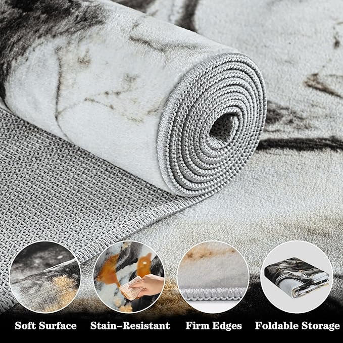 Yinhua 2x7'3 Runner Rug for Hallway, Marble Black and Gold Rugs Non Skid, Washable Kitchen Runner Rug Non Slip, Soft Modern Area Rugs Low Pile, Abstract Carpet for Bathroom Entryway Laundry