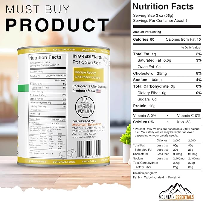 MOUNTAIN ESSENTIALS Canned Pork 28 Oz – Fully Cooked, Ready to Eat – Pantry Staple Canned Meat for Everyday Meals, Emergency Survival & Bulk Food Storage – 5-Year Shelf Life – Made in USA – 12 Pack