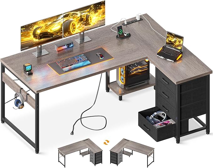 AODK L Shaped Desk with 4 Tier Drawers, 53" Reversible Gaming Desk with Power Outlets, L Shaped Computer Desk with USB Charging Port and Host Stand, Home Office Corner Desk, Easy to Assemble, Grey Oak