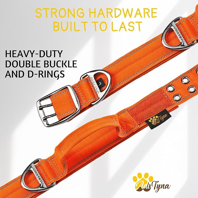 ADITYNA Heavy Duty Dog Collar for Extra-Large Dogs - Reflective Orange Collar with Handle for Training, and Walking - Wide, Thick, Tactical, Soft Neoprene Padded