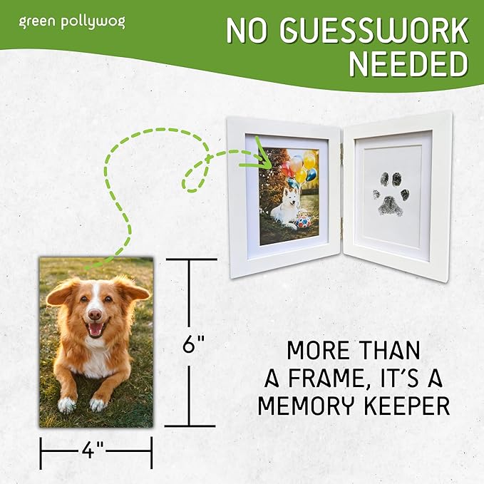 Green Pollywog | Paw Print Pet Keepsake Hinge Photo Frame + Ink Pad Kit | Dog Paw Print Kit | Extra-Large Ink Pad Included | 4 x 6 Picture Openings