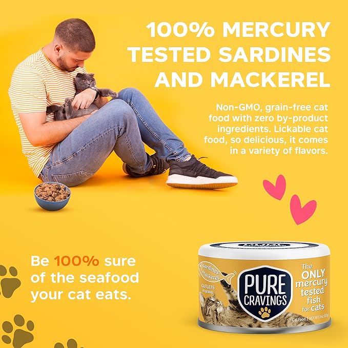 Pure Cravings Wet Cat Food Canned Mackerel and Sardine Cutlets in Gravy, Every Catch is Mercury Tested, Moist Can Fish for Cats, Grain-Free, Protein, Non-GMO, Pack of 12