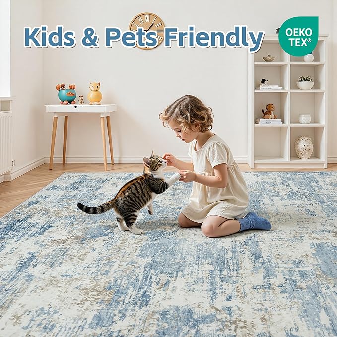 8x10 Area Rugs Living Room Rug Modern Abstract Neutral Washable Rugs Non Slip Soft Carpet Large Area Rug Low Pile Stain Resistant Non Shedding for Bedroom Nursery Dining Room Home Office Blue