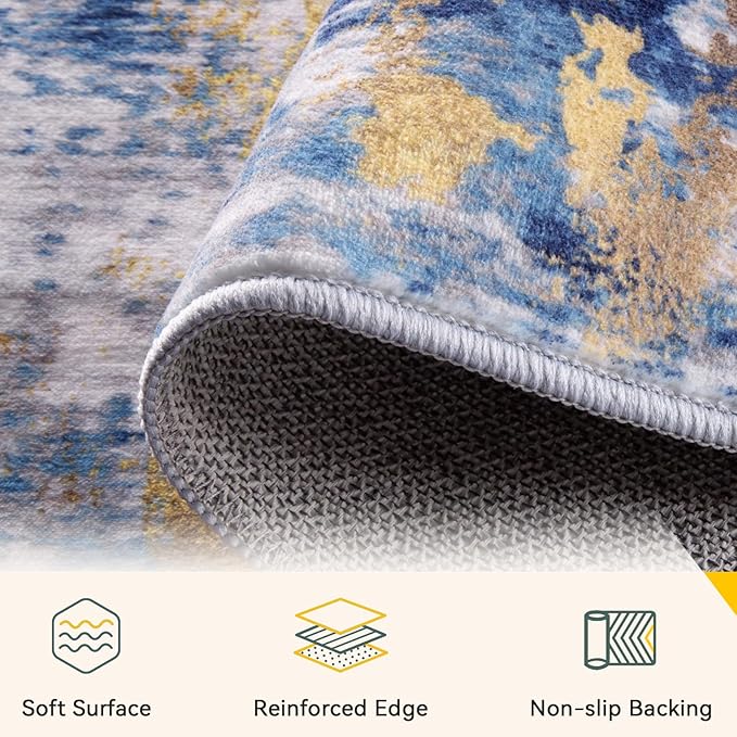 Washable Area Rugs 8'x10' Non-Slip Modern Abstract Soft for Living Room Entryway Bedroom Nursery, Print Pattern, Grey Blue Gold/Golden
