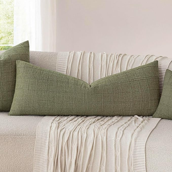 Foindtower Set of 2 Decorative Linen Check Throw Pillow Covers Neutral Long Body Lumbar Cushion Covers Farmhouse Vintage Boho Home Decor for Sofa Chair Couch Bedroom Living Room,14×36 Inch,Sage Green