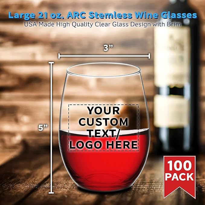 DISCOUNT PROMOS 100 ARC Stemless Wine Glasses Set, 21 oz. - Customizable Text, Logo - Chardonnay, Cabernet, Merlot, Sauvignon - Clear
