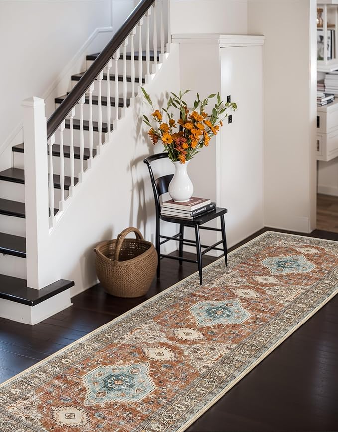 Lahome Oriental Hallway Runner Rug, 2.5x8 Kitchen Runner Non Slip Ultra-Thin, Soft Washable Hallway Rug Non Shedding Long Carpet for Entryway ?랰aundry Room Bathroom, Orange/Multi