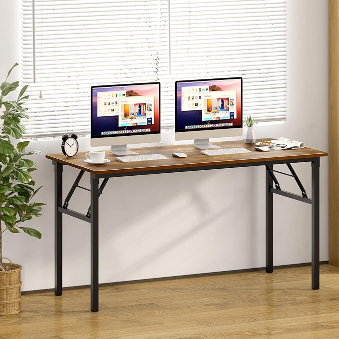 Need Home Office Desk Large Computer Desk 60 inch Sturdy Table Foldable Desk Gaming Computer Table No Assembly Required, Rustic Brown&Black Frame AC5FB(152.4 * 60)