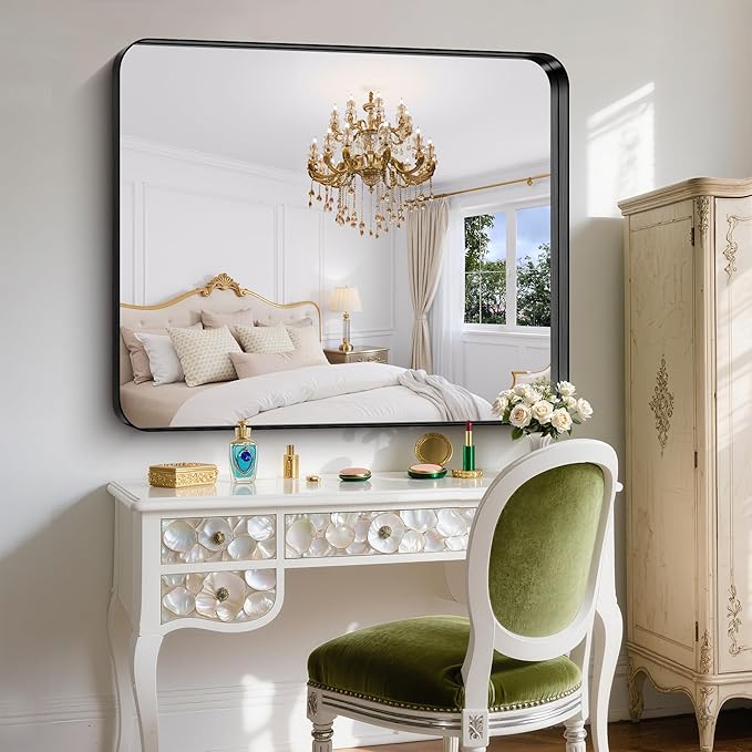 FORBATH 48x40 Inch Bathroom Mirror, Brushed Black Deep Frame Wall Mirror with Rounded Corners, Anti-Rust Tempered Glass for Modern Farmhouse Vanity (Horizontal/Vertical)