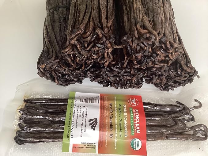 10 Organic Madagascar Vanilla Beans Grade B. Certified USDA Organic 5.5"-7" for Extract and Cooking by FITNCLEAN VANILLA| Whole NON-GMO Bourbon Pods