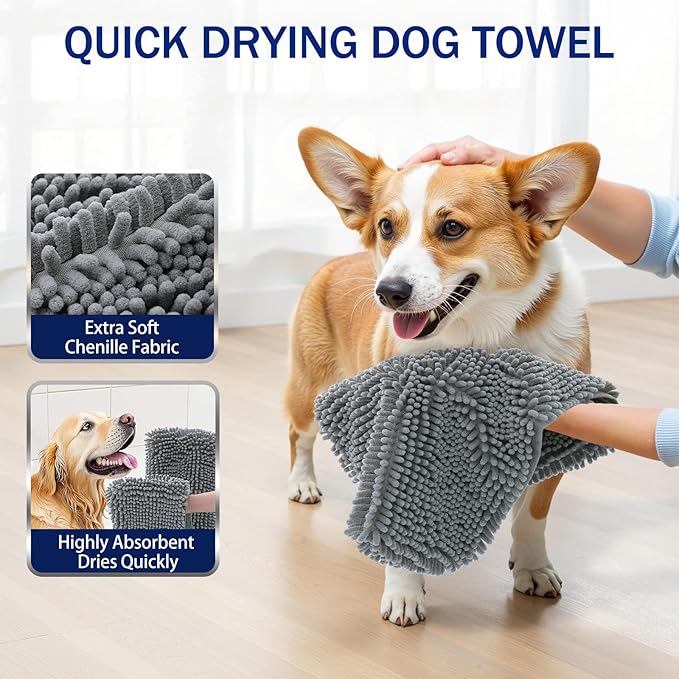 OLANLY Chenille Dog Bath Towel 31x13, Ultra Absorbent Quick Dry Pet Towel, Extra Soft Washable Plush Towel for Large Dogs & Puppies, Indoor Outdoor Use, Grey