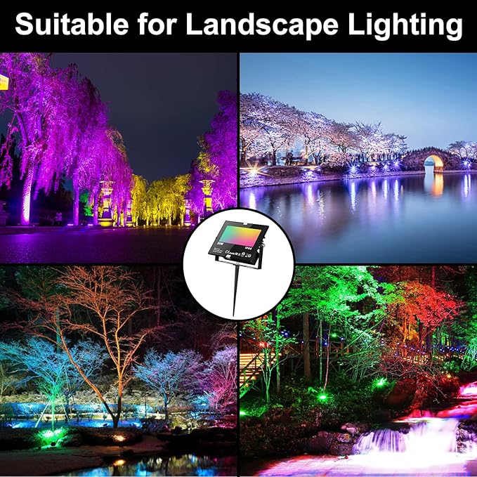 LED Flood Lights RGB Color Changing 300W Equivalent Outdoor, 30W Bluetooth Smart RGB Floodlight APP Control, 2700K&16 Million Colors for Garden Stage Lighting 4 Pack with Metal Ground Spikes Stakes