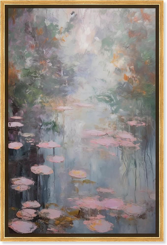 Art Remedy Pink Impressionisty Lilypads Framed Impressionism 1 Piece Canvas Wall Art/Monet And Van Gogh Inspired Art, 21.5" x 31.5", Gold Frame
