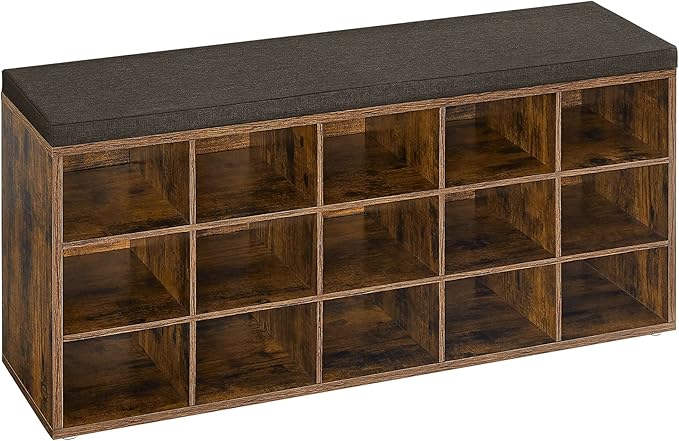 VASAGLE CUSTOS Collection - Shoe Bench, Storage Bench with Padded Seat, Entryway Bench with 15 Compartments, for Bedroom, 11.8 x 41.3 x 18.9 Inches, Rustic Brown and Chestnut Brown ULHS15BX