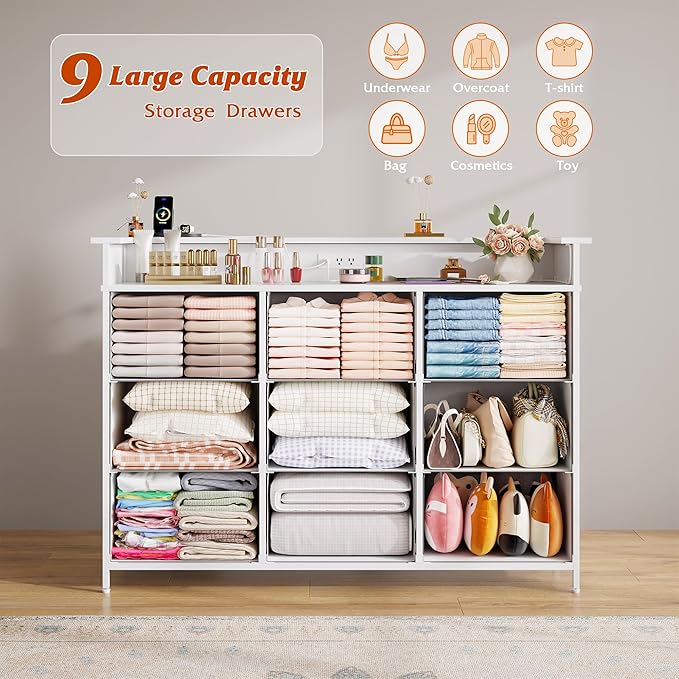 Nicehill 9 Drawer Dresser for Bedroom,Led Light White Dresser,TV Stand for Bedroom with Charging Station, Fabric Drawer Chests of Drawers for Hallway,Closet,Entryway