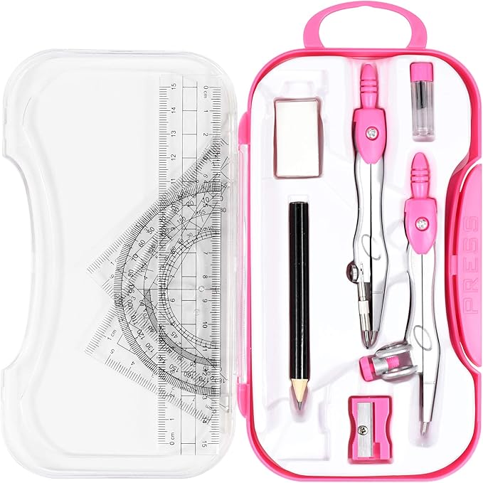 10 Pieces Math Geometry Kit Set Student Supplies with Shatterproof Storage Box,Includes Rulers,Protractor,Compass,Eraser,Pencil Sharpener,Lead Refills,Pencil,for School and Drawings（Pink）