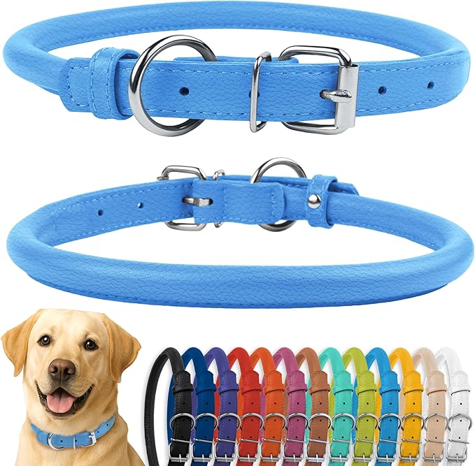 CollarDirect Rolled Leather Dog Collar, Soft Padded Round Puppy Collar, Handmade Genuine Leather Collar Dog Small Large Cat Collars 13 Colors (15-19 Inch, Light Blue Textured)