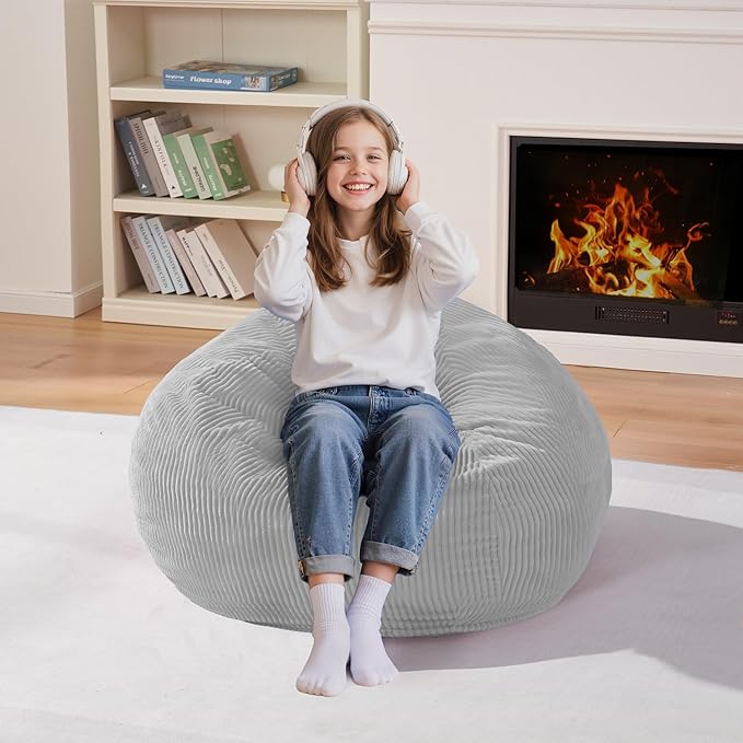 Homguava 2FT Bean Bag Chair,Teardrop Bean Bags Small Beanbag Chair with Memory Foam Filled and Ultra Soft Corduroy Cover for Living Room, Bedroom(Light Grey)