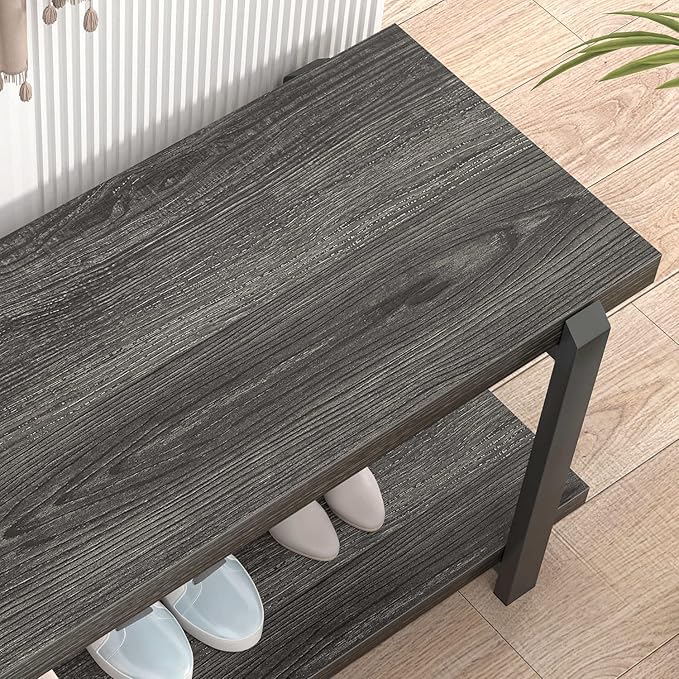 FOLUBAN 47 Inch Shoe Storage Bench, Rustic Wood and Metal Entryway Bench for Hallway Front Door Entrance, Vintage Indoor Shoe Rack Bench Seat for Bedroom Living Room, Dark Gray