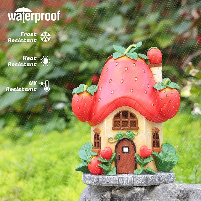 Solar Fairy Garden Houses - Fairy Outdoor Decor Strawberry Houses with Solar Light for Patio Balcony Yard,Lawn Ornament Perfect Garden Gift