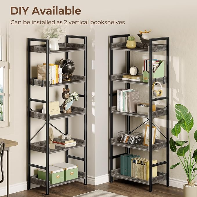 Rolanstar Bookshelf 5 Tiers, Triple Bookcase with Open Display Shelves, Industrial Wide Bookshelf with Metal Frame for Living Room, Office, Grey
