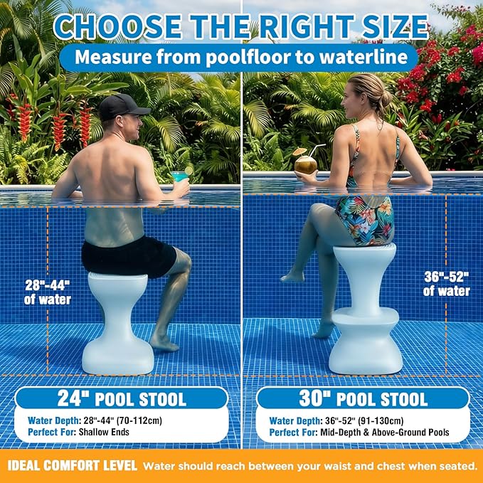 24" Pool stools for Underwater,Pre-Weighted Pool Stools with Foot Rest,Waterproof Patio Furniture with Adjustable Feet for Poolside Seats for Edge,1PC