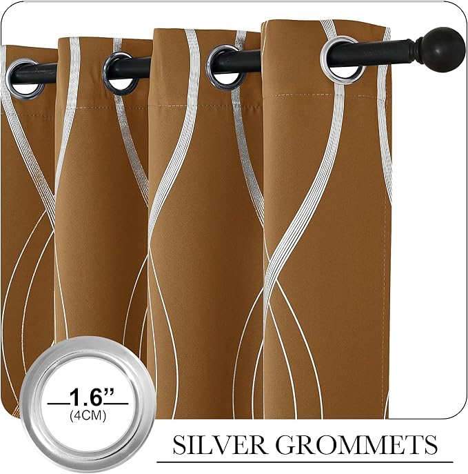 NICETOWN Gold Brown Blackout Fall Pattern Curtains for Living Room 84 inch Long, 52” Wide - Light Reducing Thermal Insulated Foil Printed Grommet Drapes for Bedroom and Nursery, 2 Panels