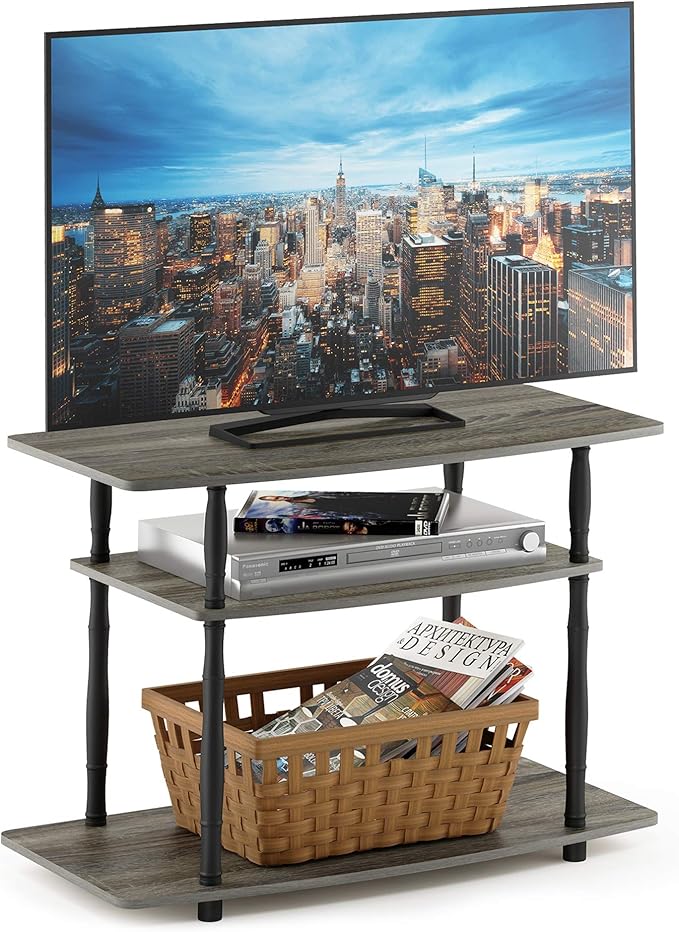 Furinno Turn-N-Tube No Tools 3-Tier Entertainment Center TV Stand for TV up to 32 Inch, Plastic Classic Tubes, French Oak Grey/Black
