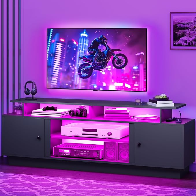 DWVO Modern TV Stand for 65/75 Inch TVs, Entertainment Center with LED Lights, TV Shelf with Storage Cabinets & Movable Partition, TV Console for Living Room, Black