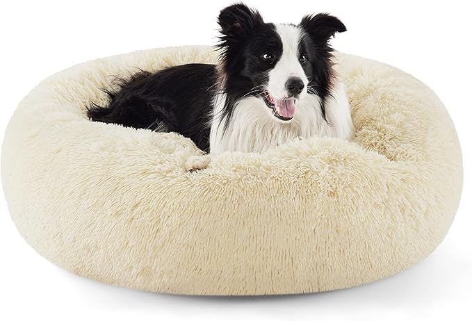 Bedsure Calming Dog Bed for Large Dogs - Donut Washable Large Pet Bed, Anti-Slip Round Fluffy Plush Faux Fur Dog Bed, Fits up to 80 lbs Pets, Ivory Beige, 36 inches