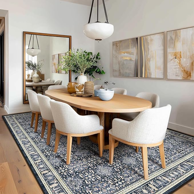 Dark Blue 7x10 Rugs for Living Room, Transitional Moroccan Floral Trellis Area Rug for Bedroom Dining Room, Low Pile Thin Washable Non Slip Room Rug for Home Office Playroom Family Room