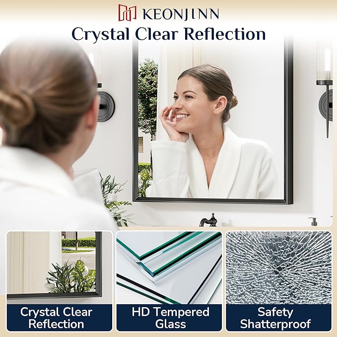Keonjinn 30 x 36 Inch Black Bathroom Mirror, Beveled Rectangle Framed Mirror for Wall, Black Bathroom Vanity Mirror for Over Sink, Tempered Glass, Square Corner, Farmhouse Style