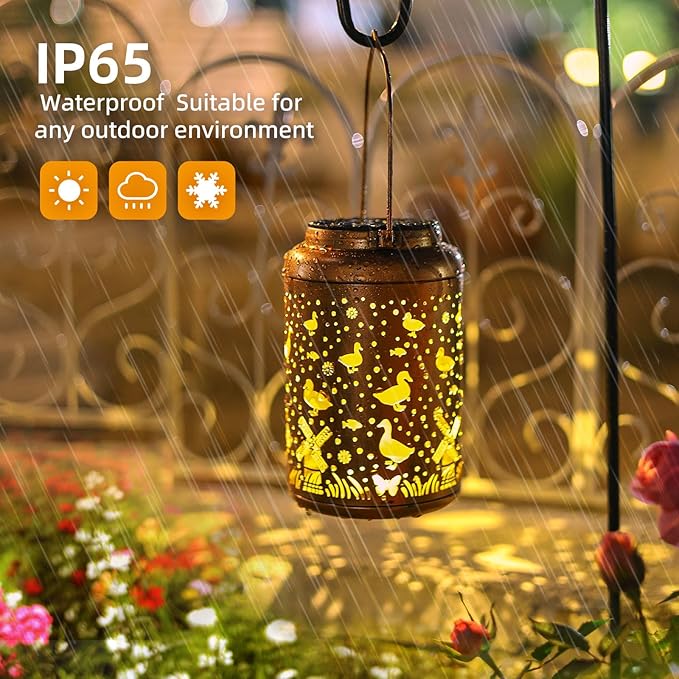 2Pack Duck Solar Lanterns Outdoor Waterproof Hanging Solar Lights Duck Gifts for Women Mom Metal Lantern Decoration Outside LED Light for Garden, Yard, Patio, Backyard, Porch, Pathway, Lawn, Landscape