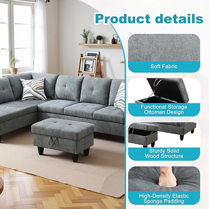 L Shaped Couch Modern Sectional Couch Upholstered Fluffy Fabric 3 Pieces Sofas for Living Room with Chaise, Storage Ottoman for Office and Small Apartment, Dark Grey